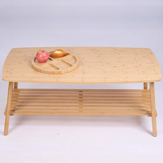 Bamboo Folding Low Coffee Table, Japanese Floor Table with Open Storage Shelf, No Assembly