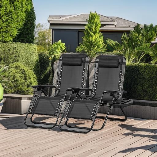2‑Pack Grey Zero‑Gravity Patio Recliners, Adjustable Mesh Lounge Chairs with Pillow & Cup Holder