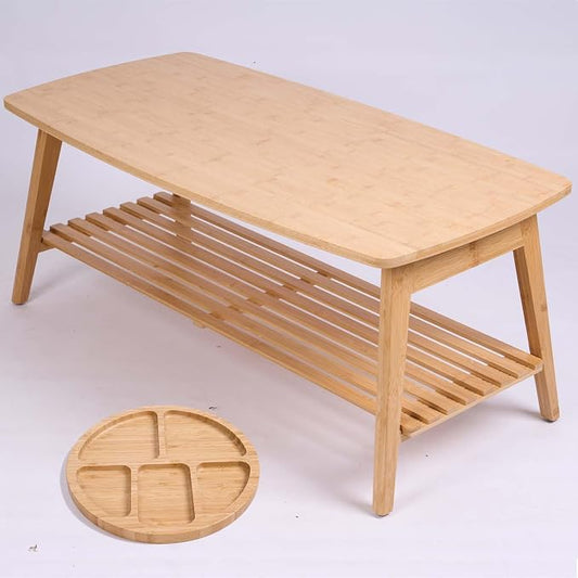 Bamboo Folding Low Coffee Table, Japanese Floor Table with Open Storage Shelf, No Assembly