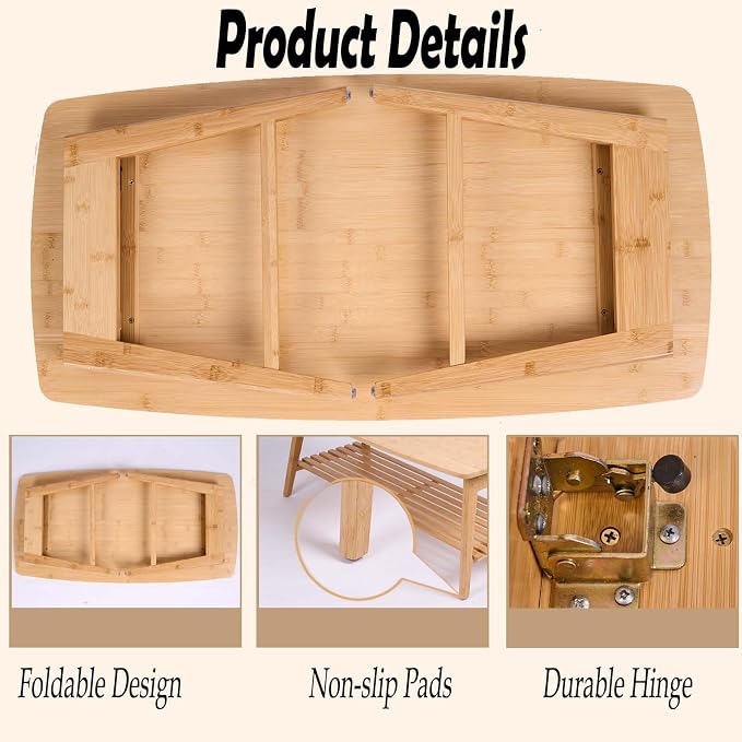 Bamboo Folding Low Coffee Table, Japanese Floor Table with Open Storage Shelf, No Assembly