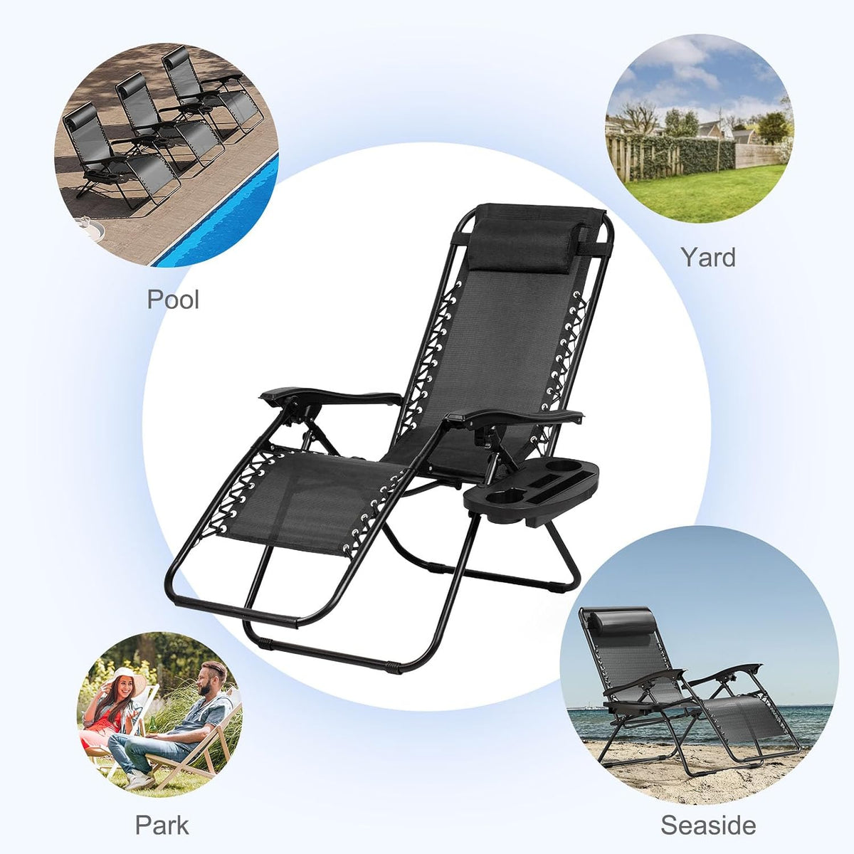2‑Pack Grey Zero‑Gravity Patio Recliners, Adjustable Mesh Lounge Chairs with Pillow & Cup Holder