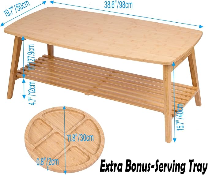 Bamboo Folding Low Coffee Table, Japanese Floor Table with Open Storage Shelf, No Assembly