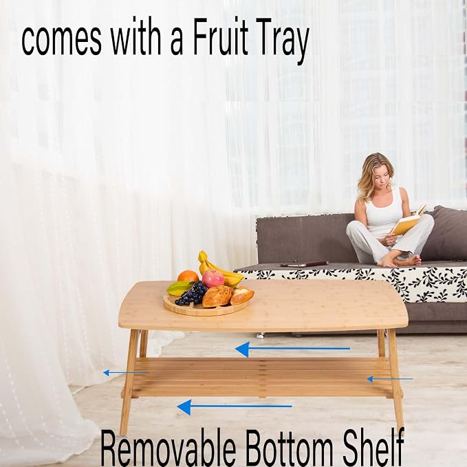 Bamboo Folding Low Coffee Table, Japanese Floor Table with Open Storage Shelf, No Assembly