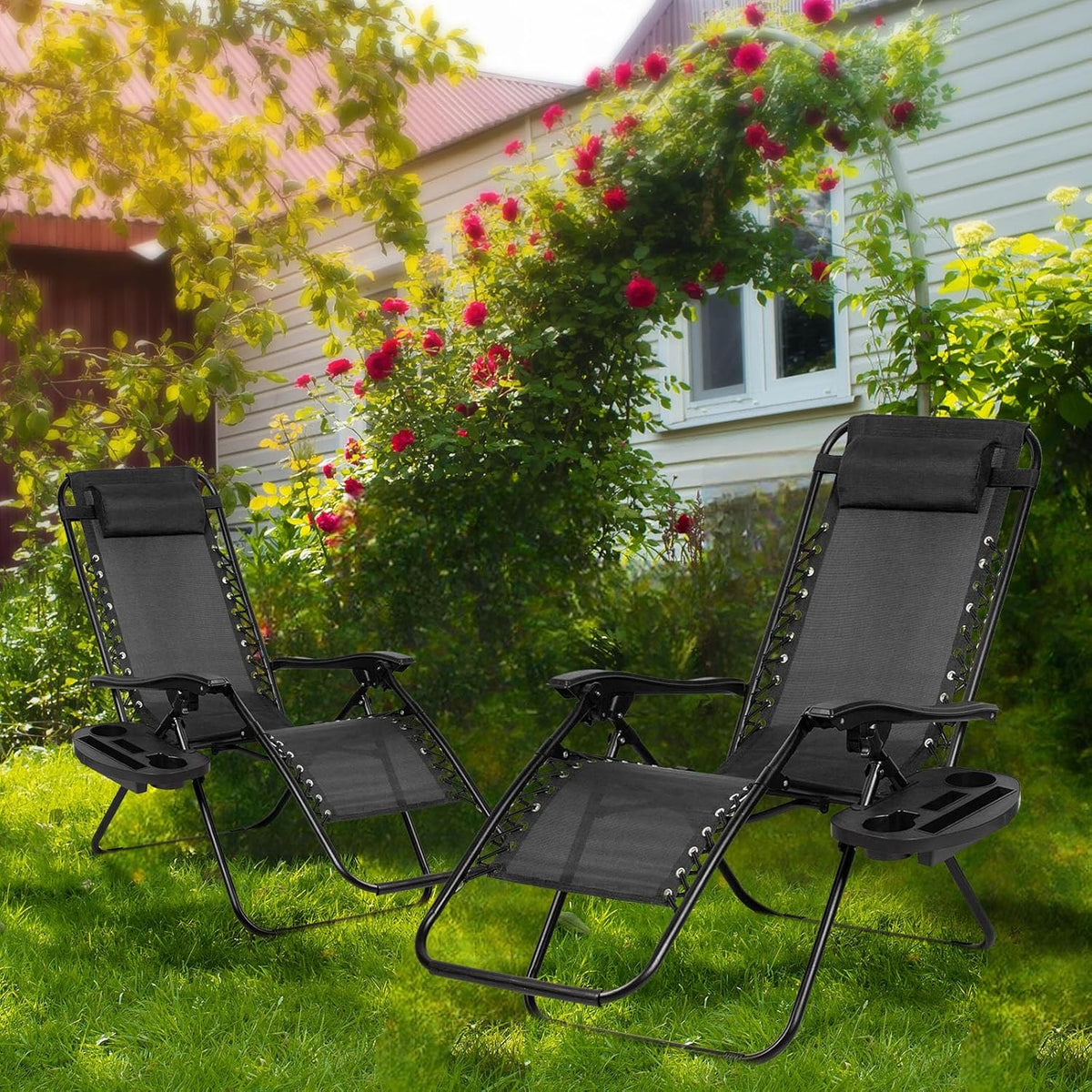 2‑Pack Grey Zero‑Gravity Patio Recliners, Adjustable Mesh Lounge Chairs with Pillow & Cup Holder