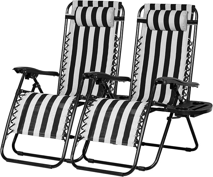 2‑Pack Grey Zero‑Gravity Patio Recliners, Adjustable Mesh Lounge Chairs with Pillow & Cup Holder