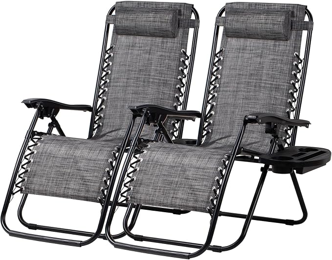 2‑Pack Grey Zero‑Gravity Patio Recliners, Adjustable Mesh Lounge Chairs with Pillow & Cup Holder